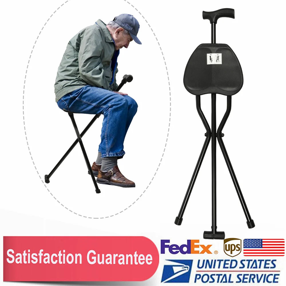 Collapsible Multifunctional Cane Chair Walking Stick with Stool Crutch 113kg Travel Hiking Chair Stool Tripod Black