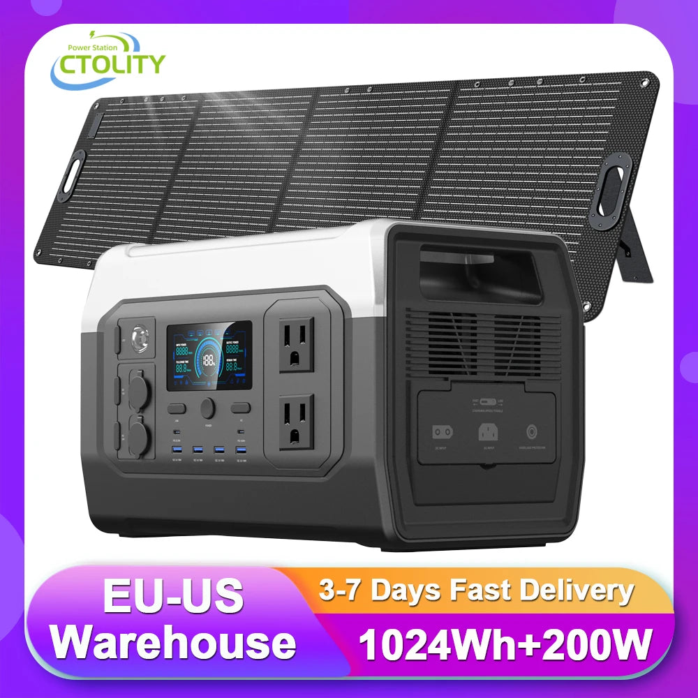 1800W 1600W Portable Power Station 1024Wh Pure Sinve Wave Lifepo4 Battery With 200W Solar Panel Energy Storage Supply Camping