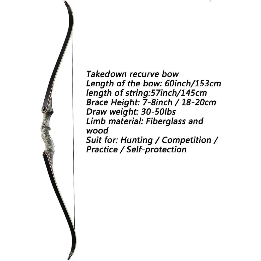 60'' Archery Recurve Bow Takedown Bow Hunting Bow and Arrow Set Adult Target Practice Competition Survival Longbow Right
