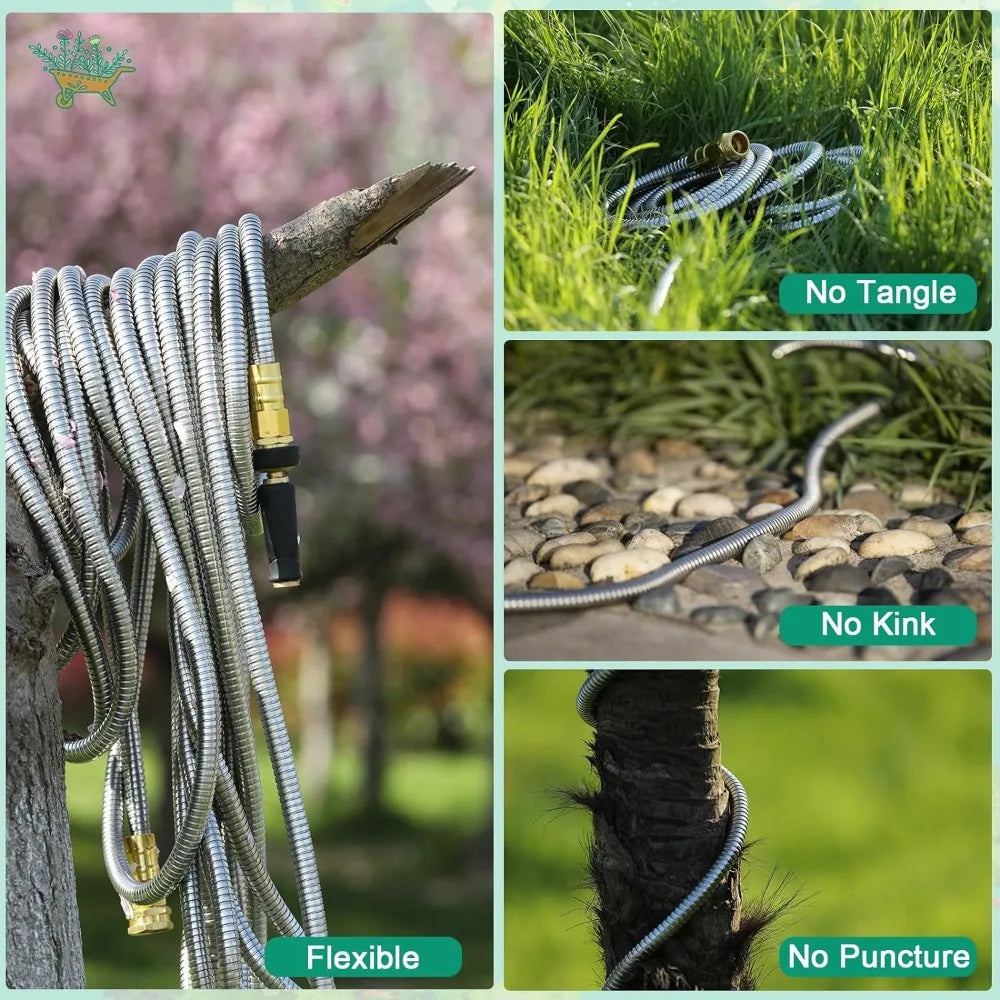 100 FT Garden Hose Expandable - 304 Stainless Steel Water Hose 100 FT - Heavy Duty Flexible Kink Free Hose, No Bite