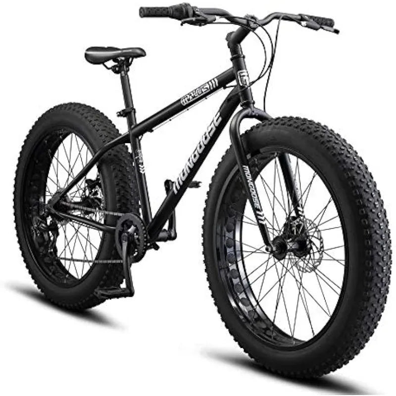 Malus Mens and Women Fat Tire Mountain Bike, 26-Inch Bicycle Wheels, 4-Inch Wide Knobby Tires, Steel Frame