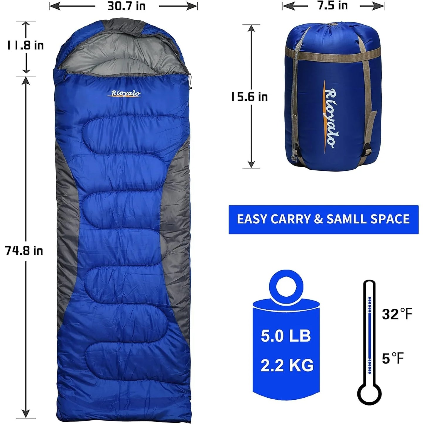 0 Degree Winter Sleeping Bags for Adults Camping (450GSM) - Temp Range (5F–32F)