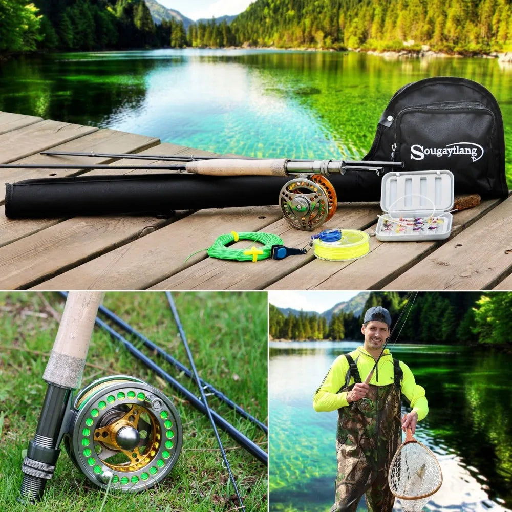 Rod Reel Combos with Lightweight Portable Fly Rod and CNC-machined Aluminum Alloy Fly Reel,Fly Fishing Complete Starter Package