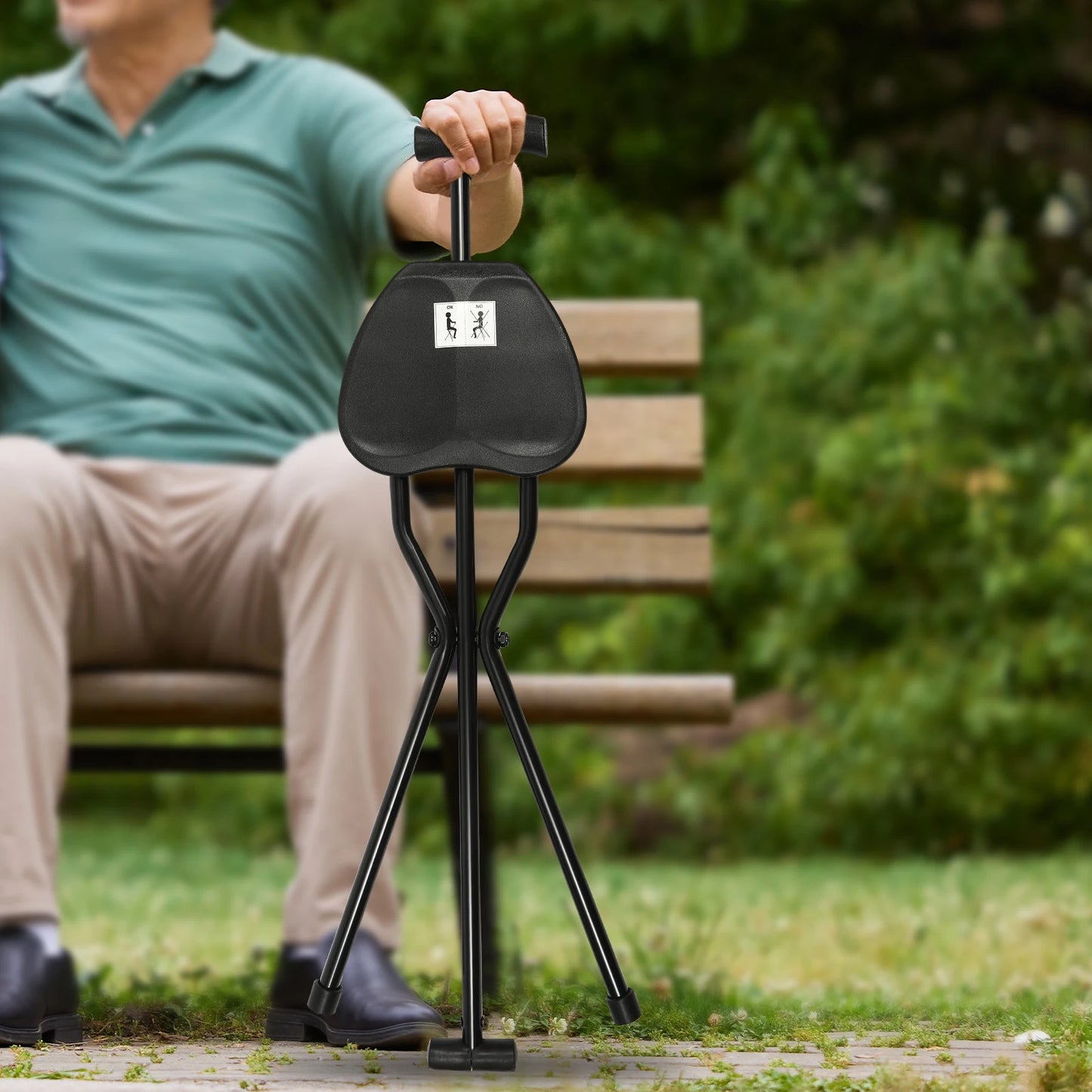 Collapsible Multifunctional Cane Chair Walking Stick with Stool Crutch 113kg Travel Hiking Chair Stool Tripod Black