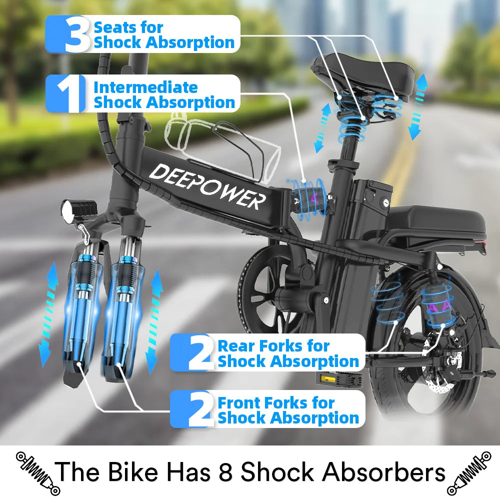 14" Folding Electric Bike, 500W Max Motor, 22MPH Ebike, Triple Shock Absorber, 48V 374Wh Battery Up to 45 Miles, Brake Taillight