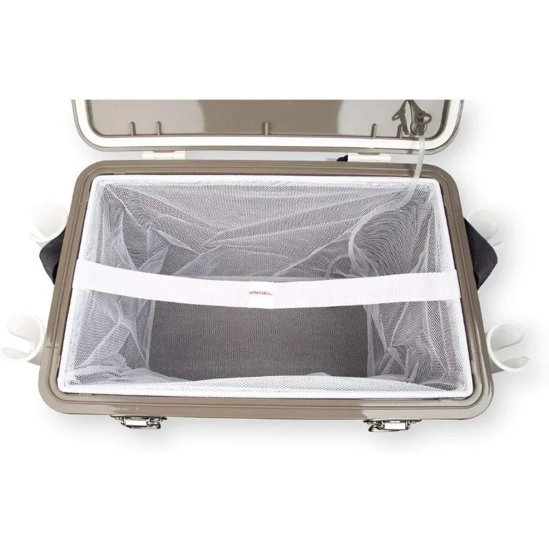 Engel 30qt Live Bait Cooler Box with 2nd Gen 2-Speed Portable Aerator Pump and 4 x Fishing Rod Holder Attachments.