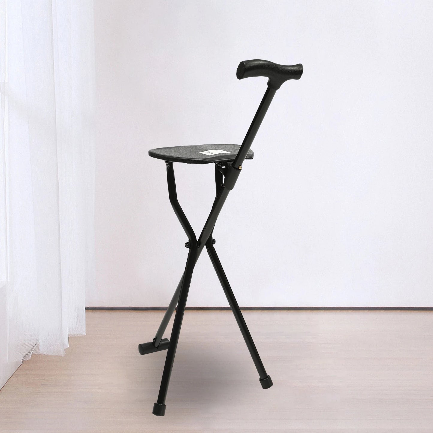 Collapsible Multifunctional Cane Chair Walking Stick with Stool Crutch 113kg Travel Hiking Chair Stool Tripod Black