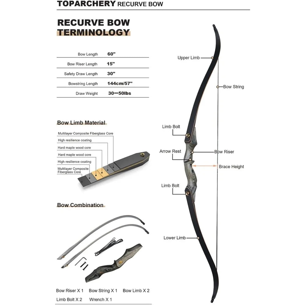 60'' Archery Recurve Bow Takedown Bow Hunting Bow and Arrow Set Adult Target Practice Competition Survival Longbow Right