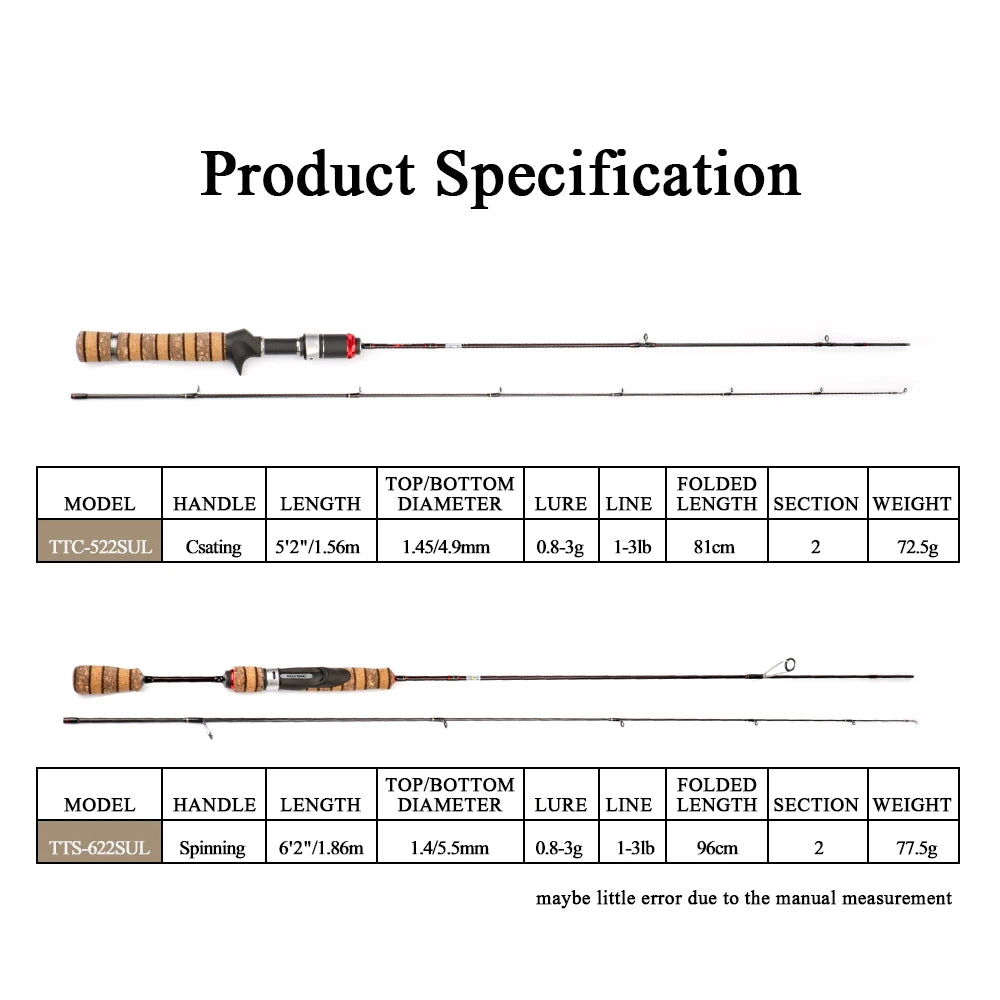 KUYING Teton SUL Super Ultralight 1.56m 5'2" Casting 1.86m 6'2" Spinning Soft Carbon Fishing Rod