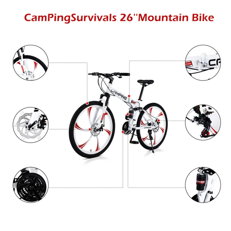 26 Inches Bicycle Mountain Bike Road Bike Foldable 21 Speeds Six-Wheel Cycling Suspension Bicycle For Outdoor Sports