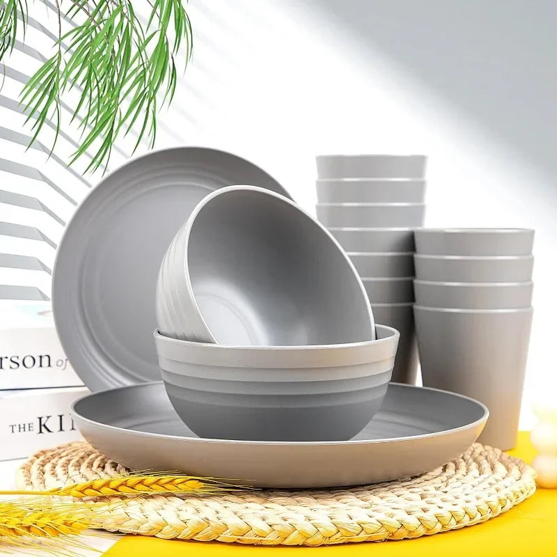 48pcs Black Wheat Straw Dinnerware, Plates and Bowls Set, Camping Dish Set for 12, Plastic Dinnerware Set, Dishwasher Safe