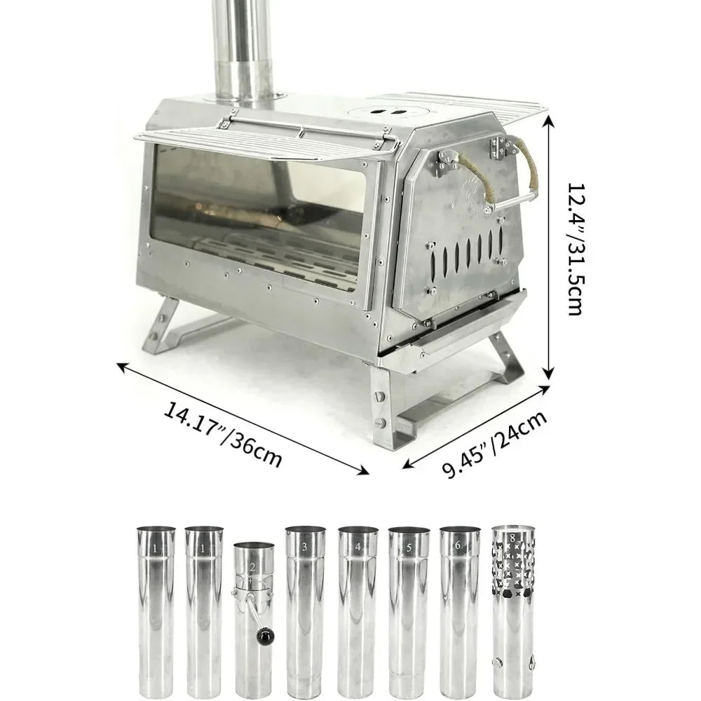 Secondary Combustion Portable Wood Burning Stove with Side Glass, 430 Stainless Steel Camping Stoves with pipes