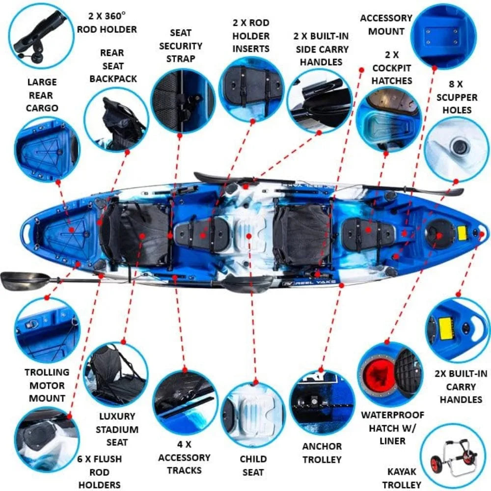 Tandem Fishing Angler Kayak | 2 or 3 Person | 12.5’ Sit on Top | 550lbs Capacity W/Kayak Trolley, Adult Youths Angler Kayak