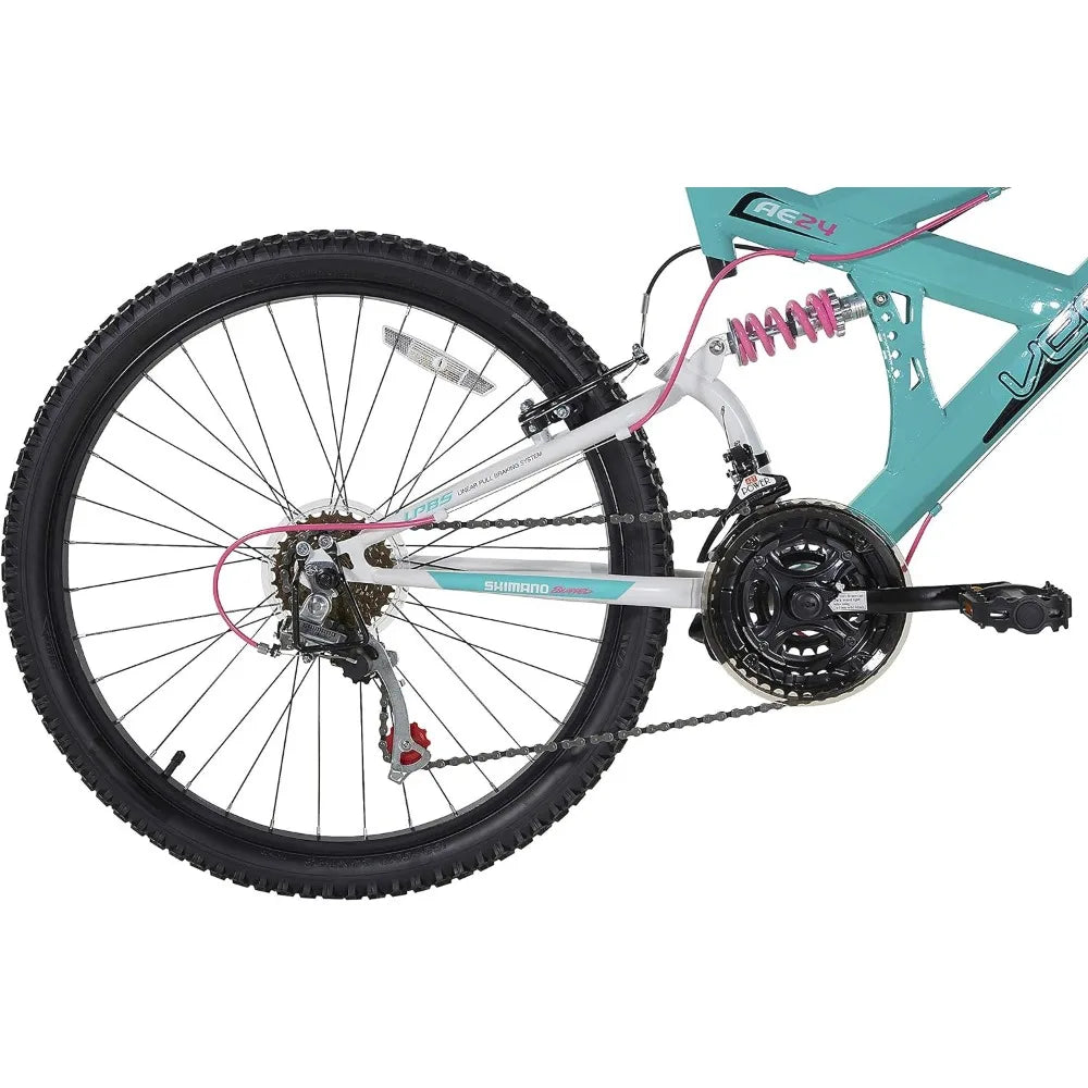 Vertical Dual Suspension Mountain Bike Girls 24 Inch Wheels with 18 Speed Grip  and Dual Hand Brakes