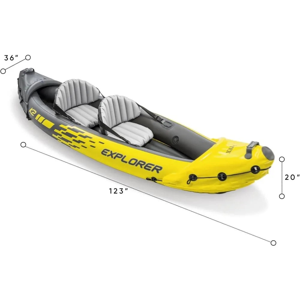 68307EP Explorer K2 Inflatable Kayak Set: Includes Deluxe 86in Aluminum Oars and High-Output Pump – SuperStrong PVC