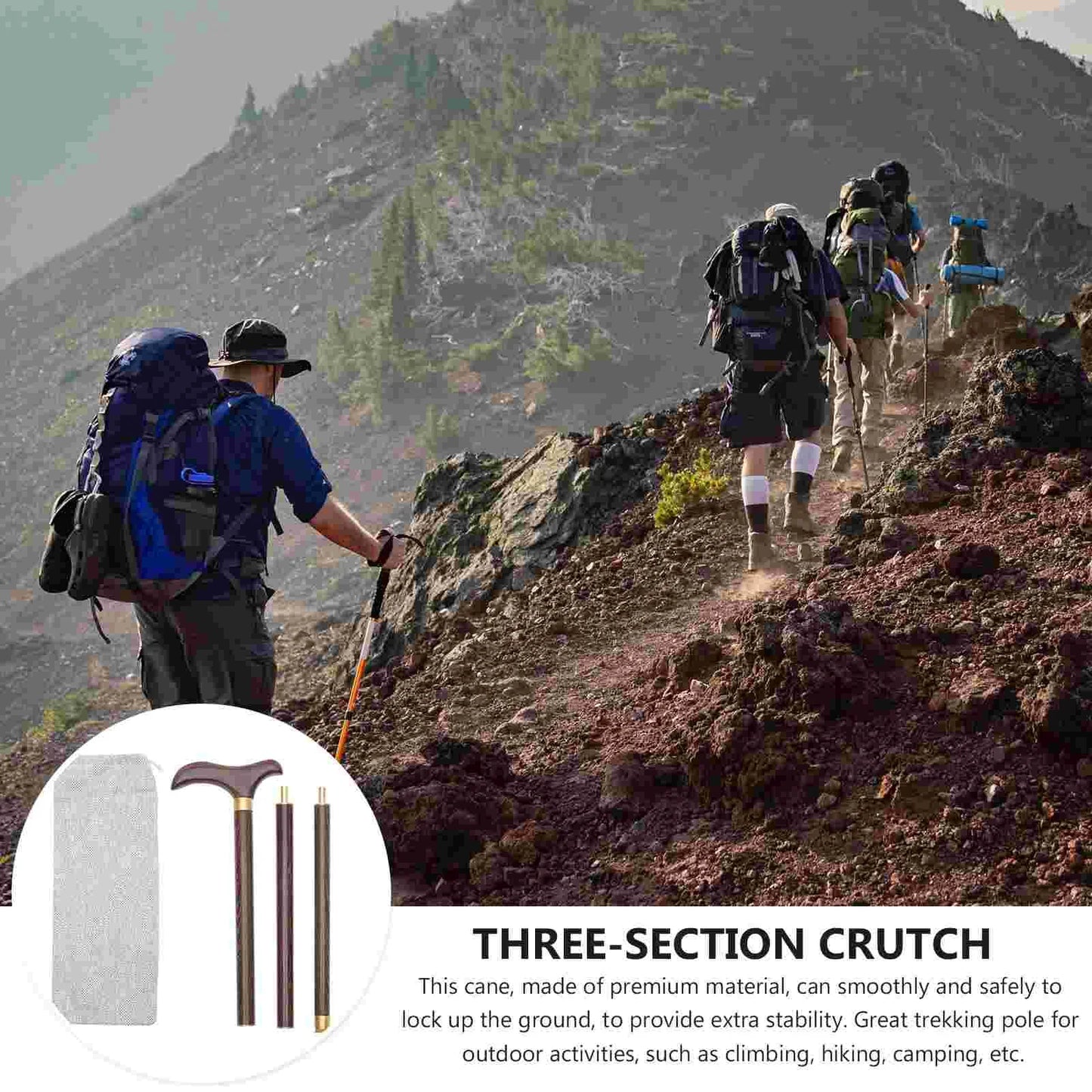 Three-section Collapsible Wooden Alpenstock – Solid Pattern, Anti-skid, Elder-Friendly Camping and Hiking Walking Stick