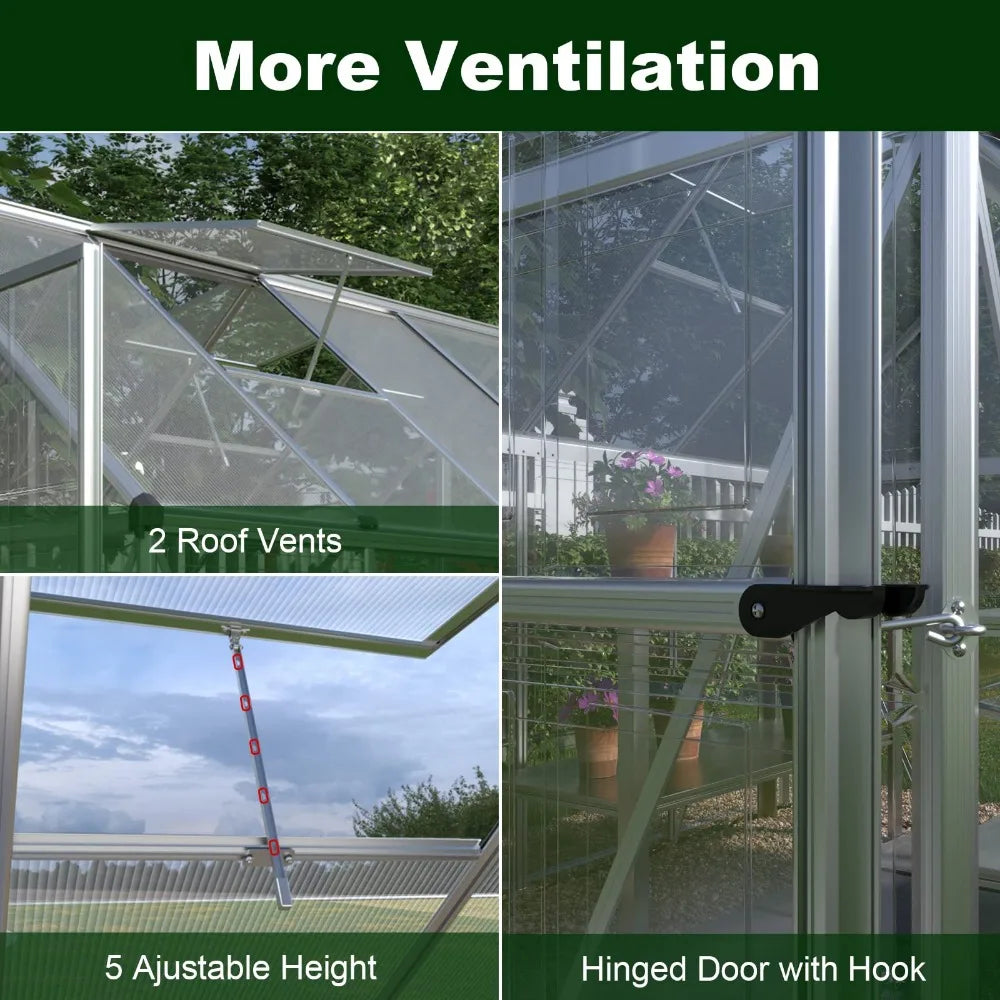 2024  New 6x8 FT Hybrid Polycarbonate Greenhouse with Lockable Hinged Door 2 Vent Window