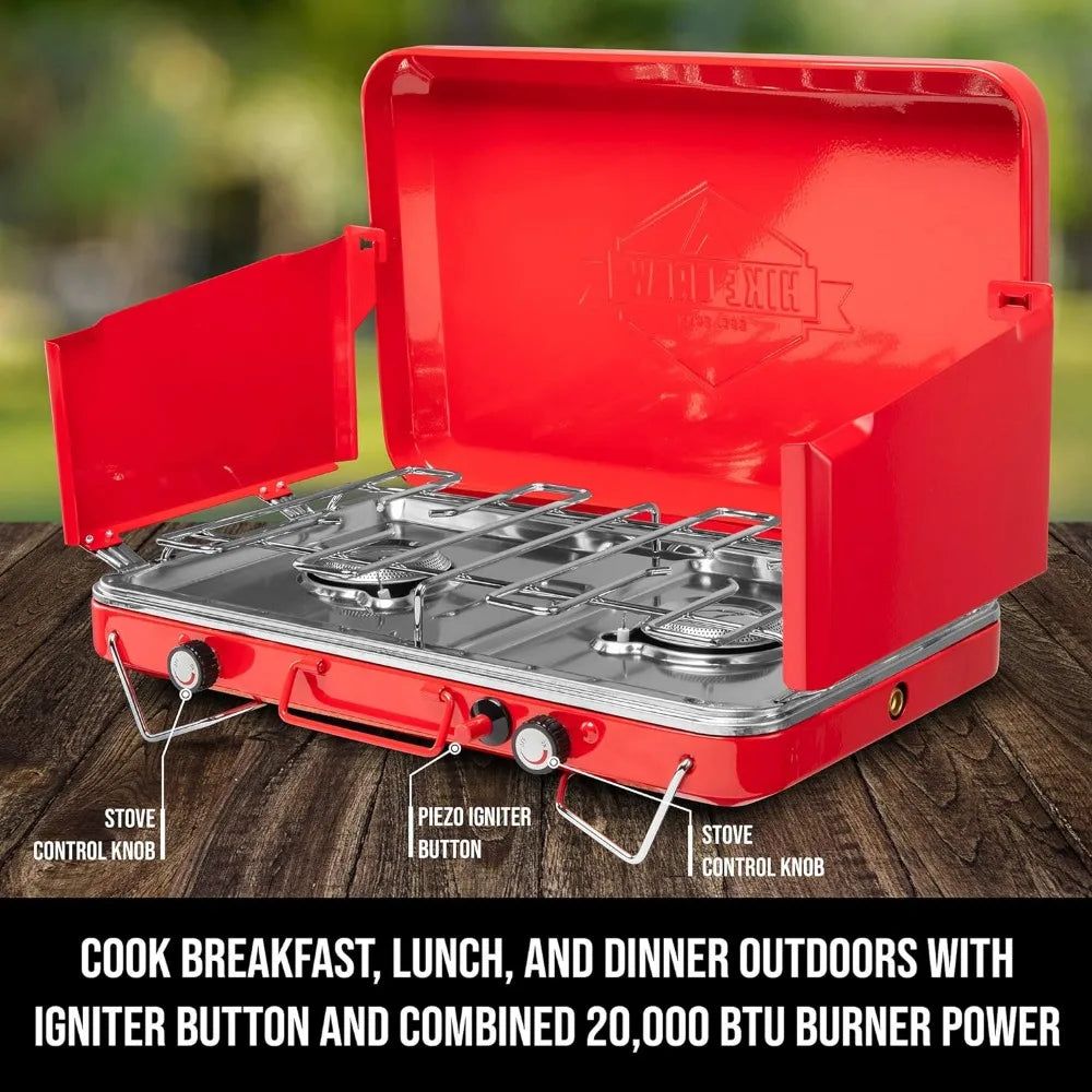 Gas Camping Stove | 20,000 BTU Portable Propane 2 Burner Stovetop | Integrated Igniter