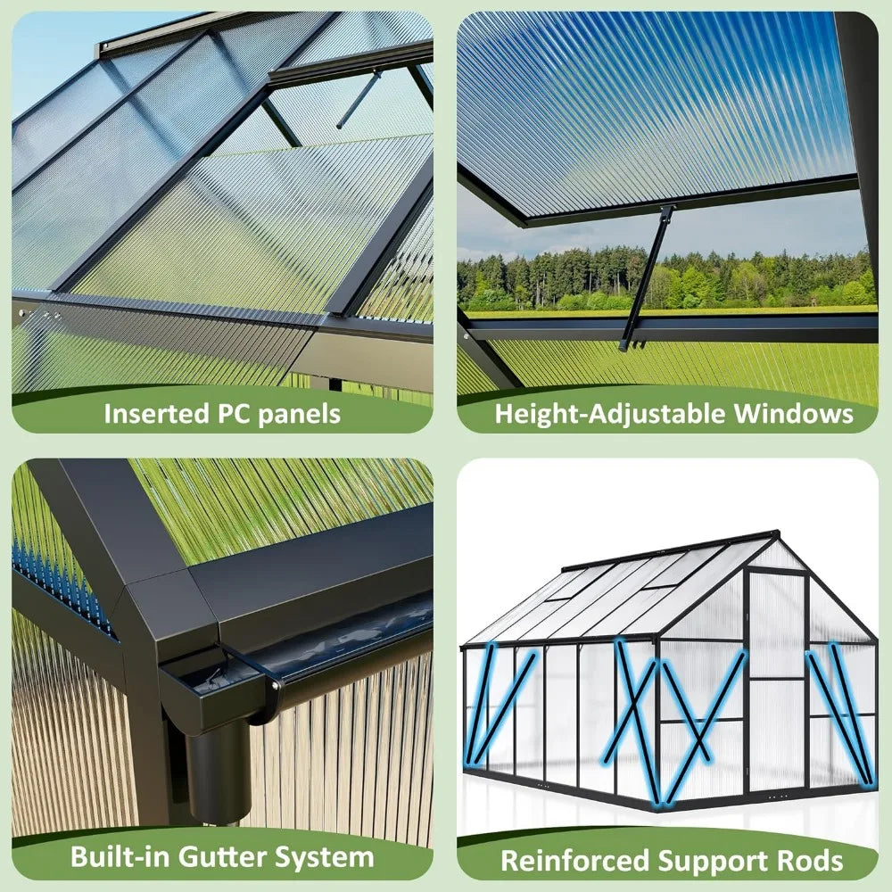 Greenhouse, 8x12 FT Quick Setup Polycarbonate Greenhouse with Roof Vent, Large Aluminum Walk-in Green House