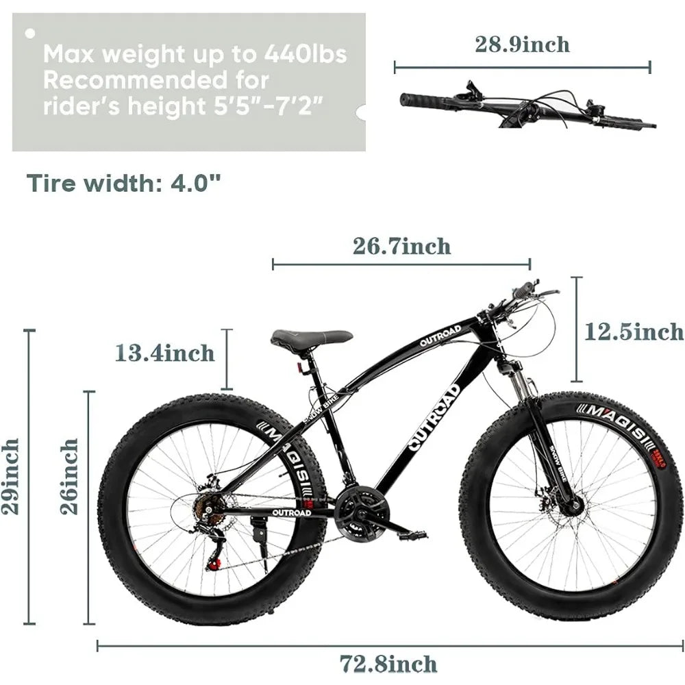 Mountain Bike with 26 inch Fat Tire,21 Speed with High Carbon Steel Frame,Double Disc Brake and Front Suspension Anti-Slip