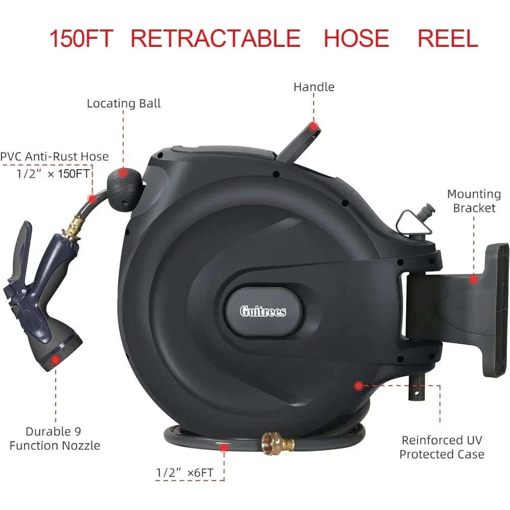 Guitrees Retractable Garden Hose Reel 1/2” 150FT+6FT With Cover, Slow Return System, Any Length Lock, Wall Mounted