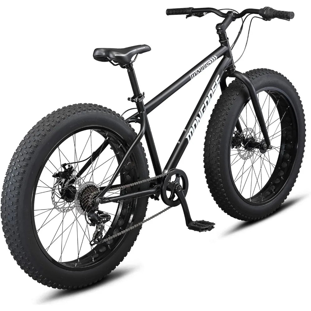 Mens and Women Fat Tire Mountain Bike, 26-Inch Bicycle Wheels, 4-Inch Wide Knobby Tires, Steel Frame, 7 Speed Drivetrain