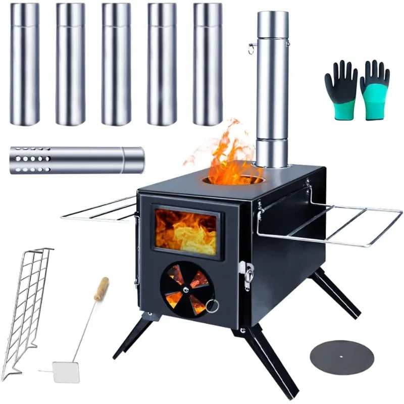 Fitinhot Camp Wood Stove, Tent Wood Burning Stoves Portable with Chimney Pipes