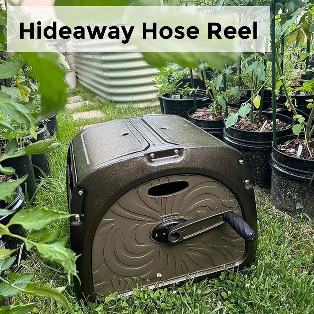 SW5 Metal Hose Reel Box, Heavy Duty Garden Hose Storage Reel Hideaway, Crank Handle, 150ft 5/8" Hose Capacity