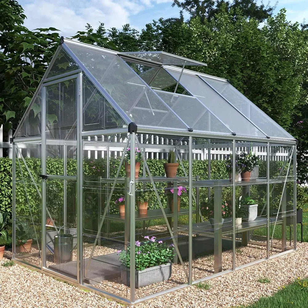 2024  New 6x8 FT Hybrid Polycarbonate Greenhouse with Lockable Hinged Door 2 Vent Window