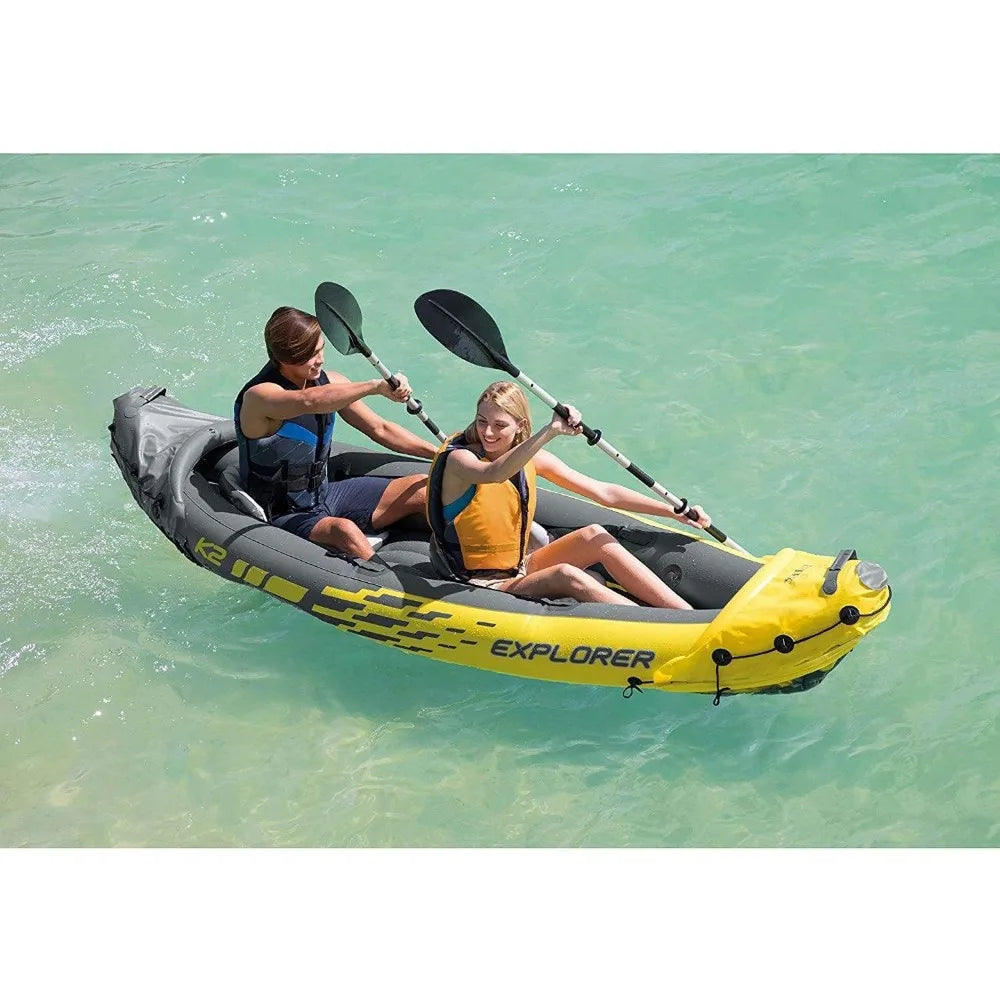 68307EP Explorer K2 Inflatable Kayak Set: Includes Deluxe 86in Aluminum Oars and High-Output Pump – SuperStrong PVC