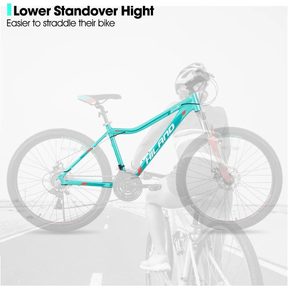 26 Inch Mountain Bike for Women, 21 Speed with Lock-Out Suspension Fork, Dual Disc Brakes, Aluminum Frame