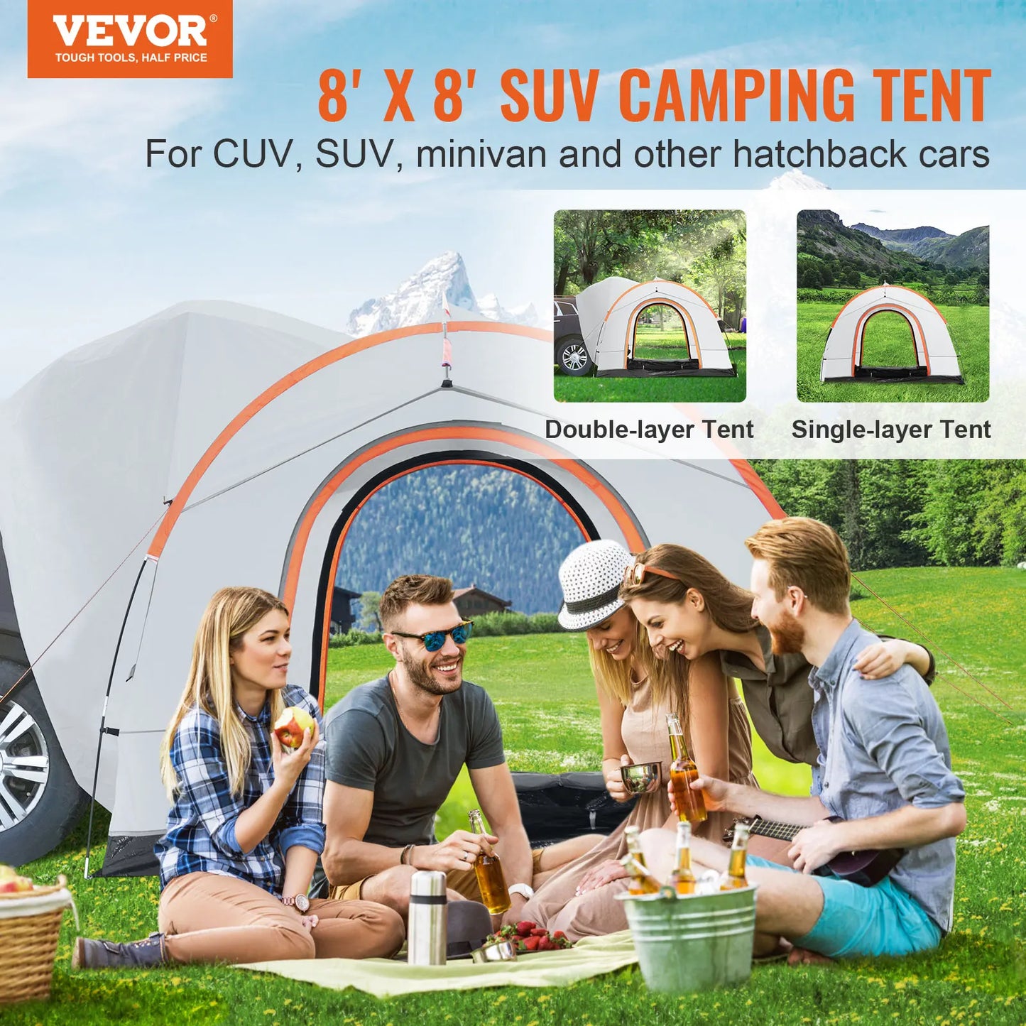 VEVOR SUV Camping Tent 8'-8' SUV Tent Attachment for Camping with Rain Layer and Carry Bag PU2000mm Double Layer Truck Tent