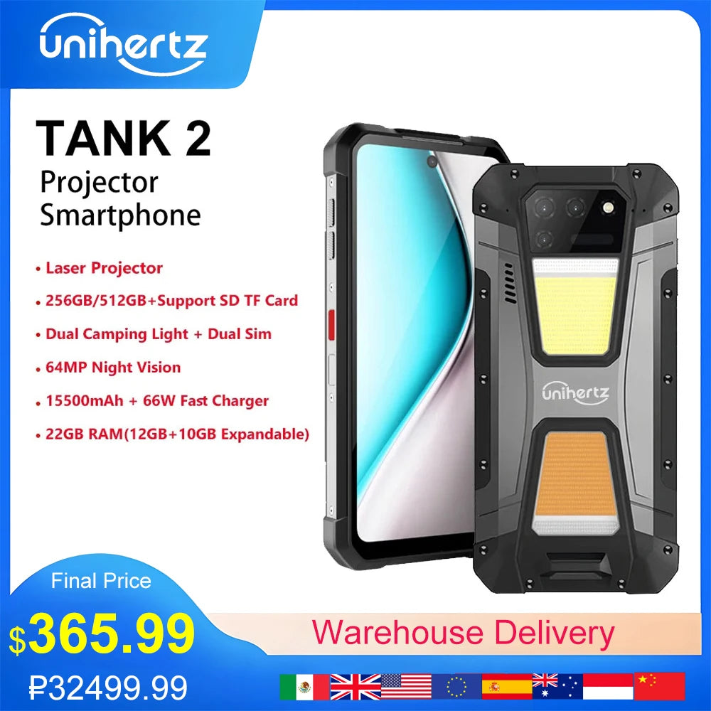 Unihertz 8849 tank 2 projector powered smartphone 22GB 256GB camping light cellphones