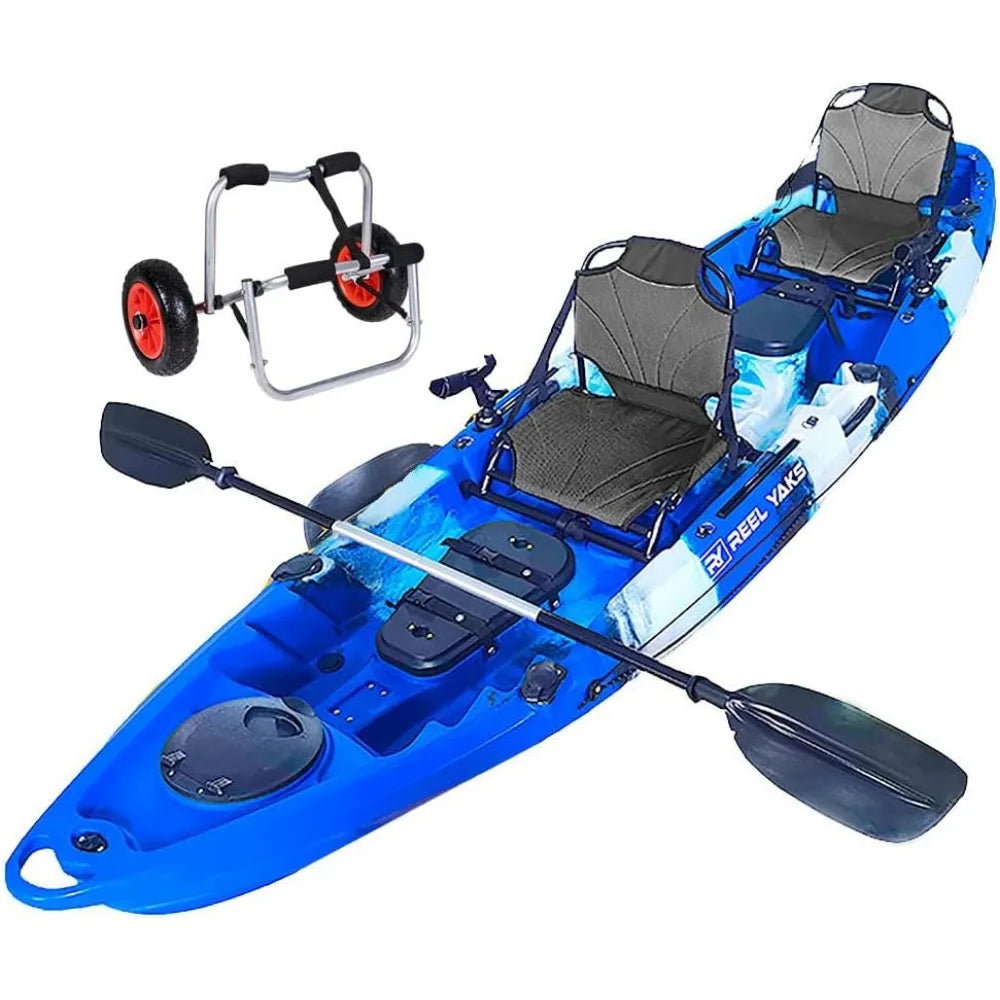 Tandem Fishing Angler Kayak | 2 or 3 Person | 12.5’ Sit on Top | 550lbs Capacity W/Kayak Trolley, Adult Youths Angler Kayak