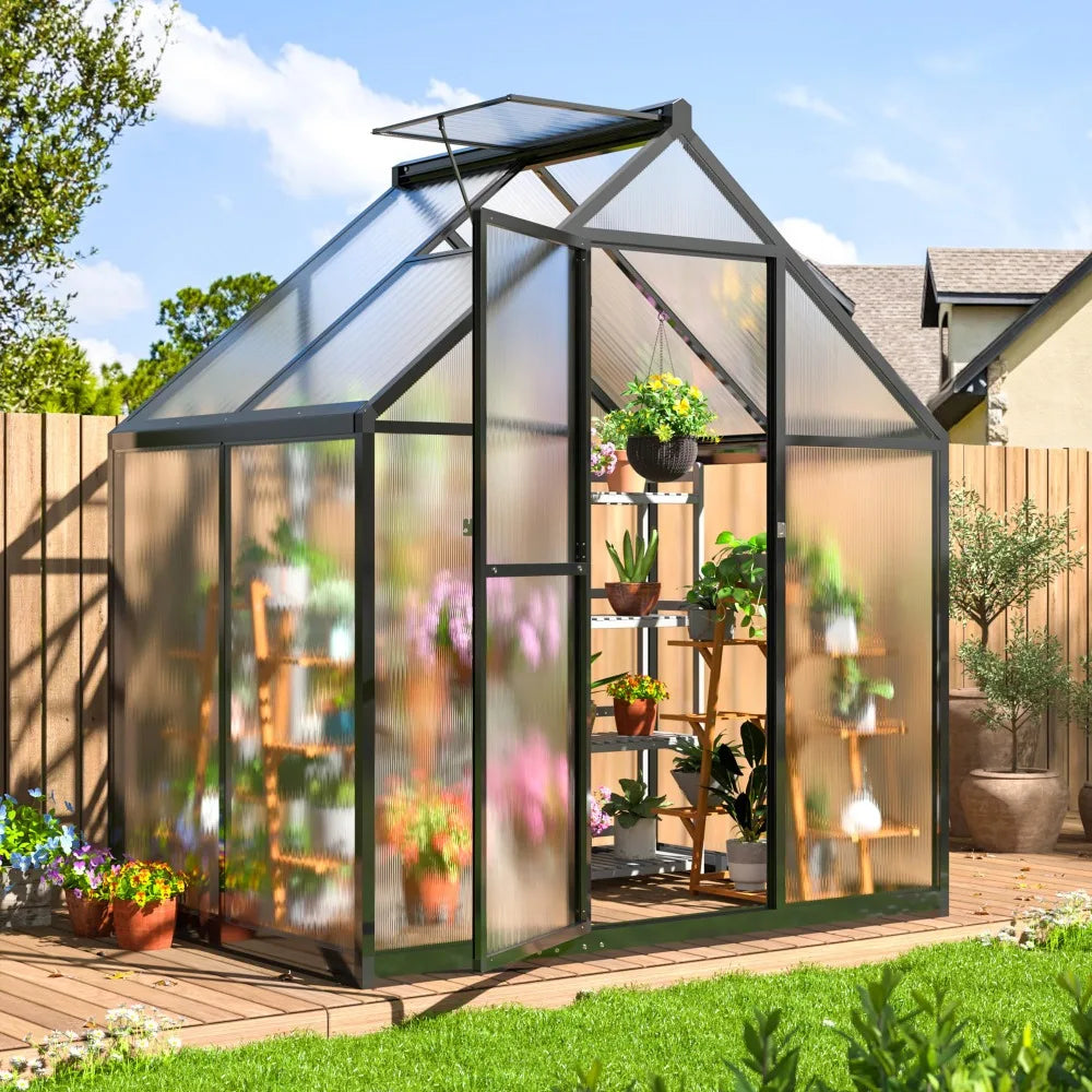 4x6 FT Aluminum Large Walk-in Greenhouse for Outdoors, Polycarbonate Greenhouse  and Roof Vent