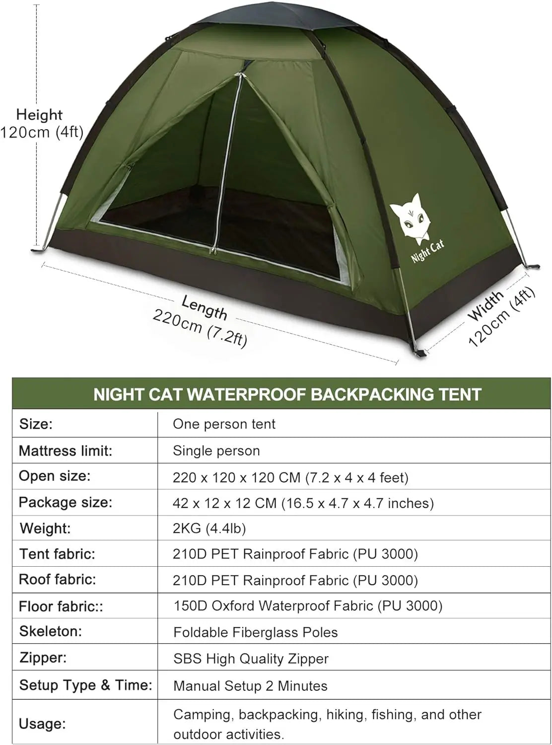 Night Cat Backpacking Tent for One 1 to 2 Persons Lightweight Waterproof Camping Hiking Tent