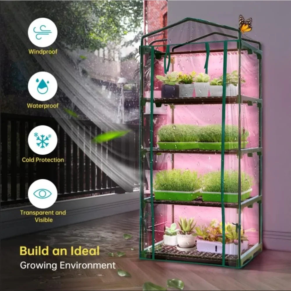 Indoor Greenhouse with Grow Lights, 4 Tier 27.2" L×19.9" W×61.8" H Mini Greenhouse with Zippered PVC Cover for Seed Starting