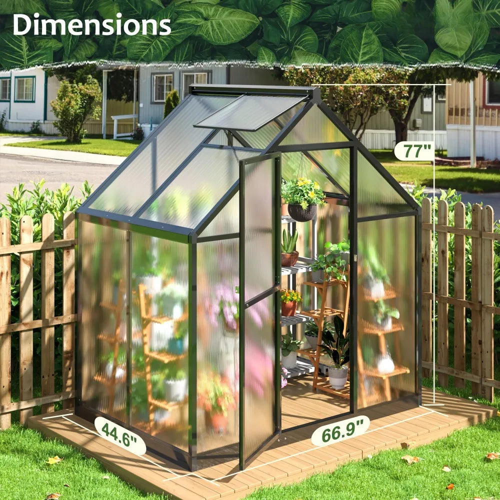 4x6 FT Aluminum Large Walk-in Greenhouse for Outdoors, Polycarbonate Greenhouse  and Roof Vent