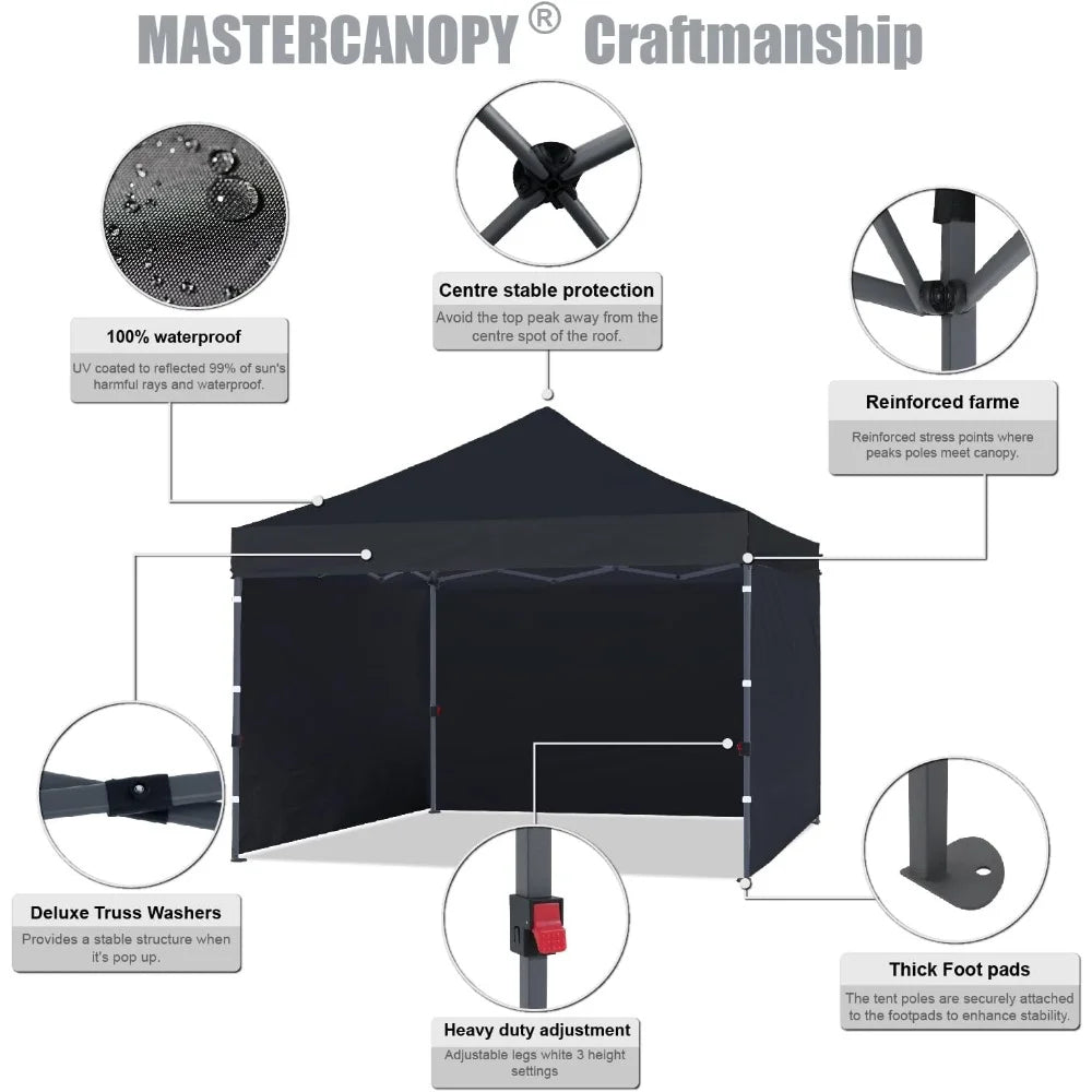 Heavy Duty Pop-up Canopy Tent With Sidewalls (10x10 Black)  Portable Folding Tents Outdoor Camping Equipment