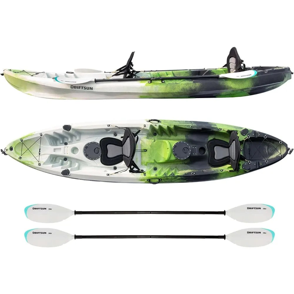 Teton 120 Hard Shell Kayak, 2 or 3 Person Sit On Top , 2 EVA Padded Seats, 2 Aluminum Paddles and Fishing Rod Holder Mounts