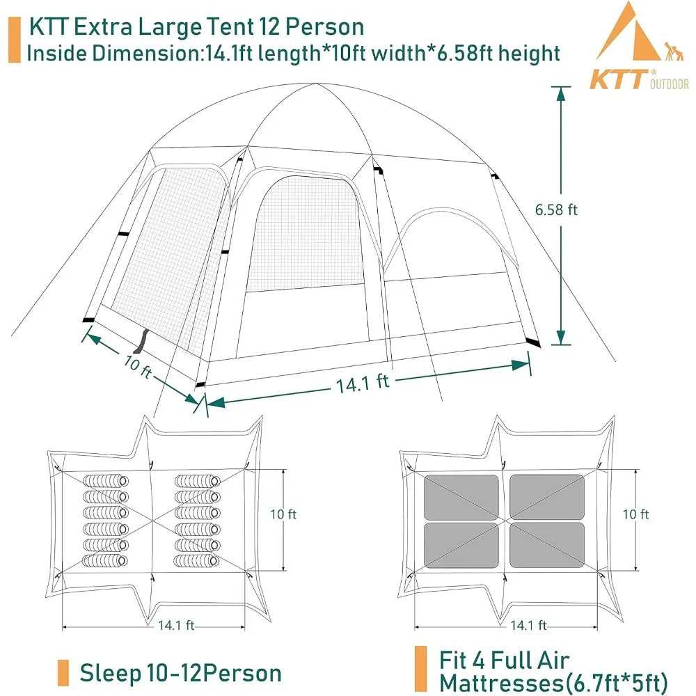 Extra Large Tent 10-12 Person,2 Rooms ,Straight Wall,3 Doors and 3 Windows with Mesh