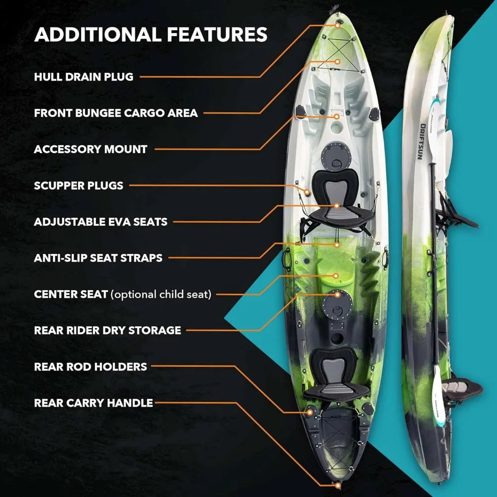 Teton 120 Hard Shell Kayak, 2 or 3 Person Sit On Top , 2 EVA Padded Seats, 2 Aluminum Paddles and Fishing Rod Holder Mounts