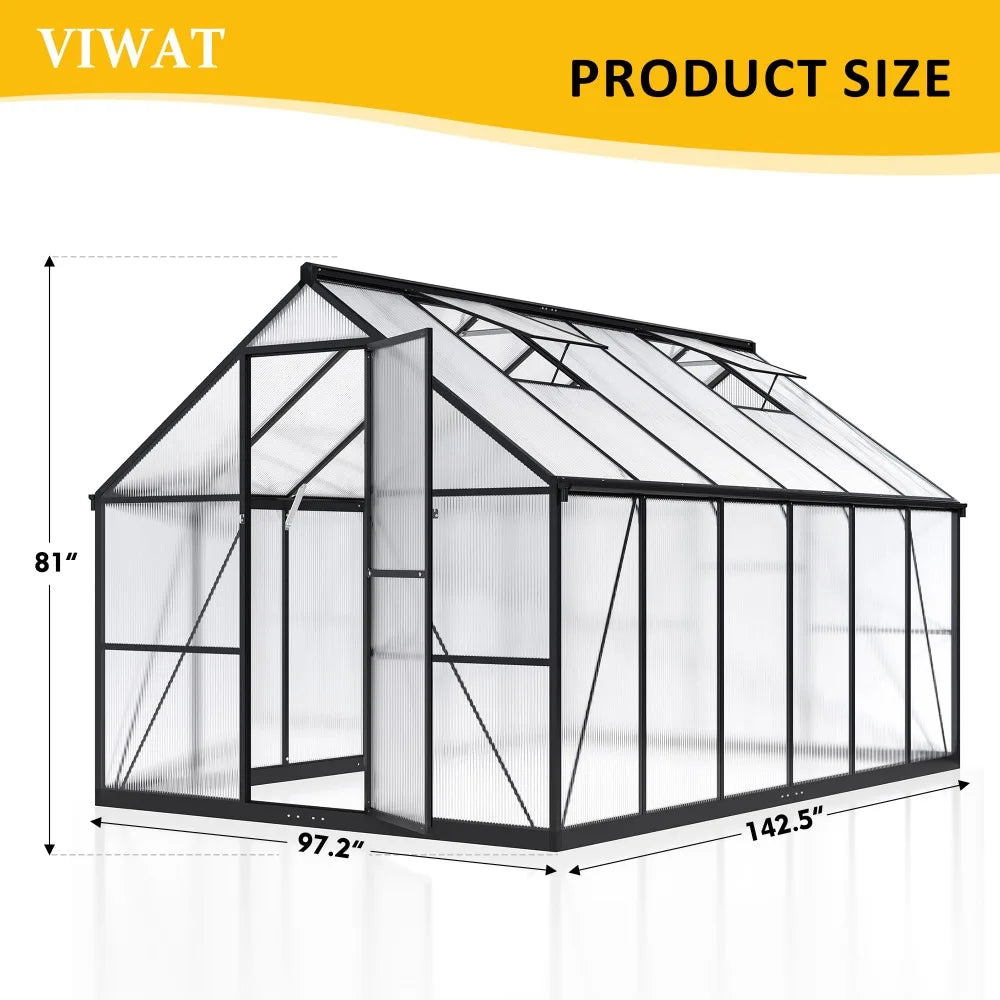 2024 12x8 FT Greenhouse for Outdoors, Polycarbonate with Quick Setup Structure and Roof Vent, AluminumGreenhouse