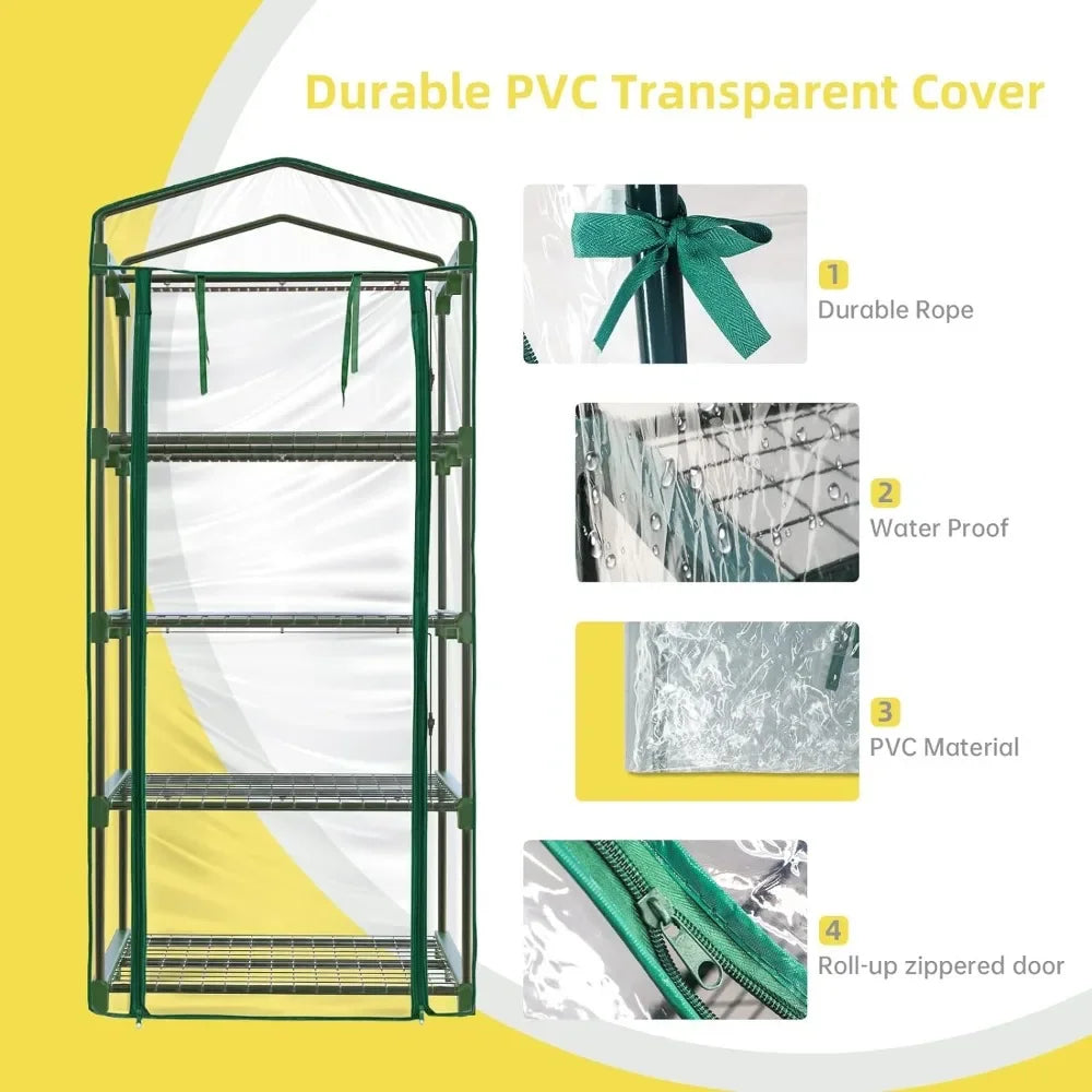 Indoor Greenhouse with Grow Lights, 4 Tier 27.2" L×19.9" W×61.8" H Mini Greenhouse with Zippered PVC Cover for Seed Starting