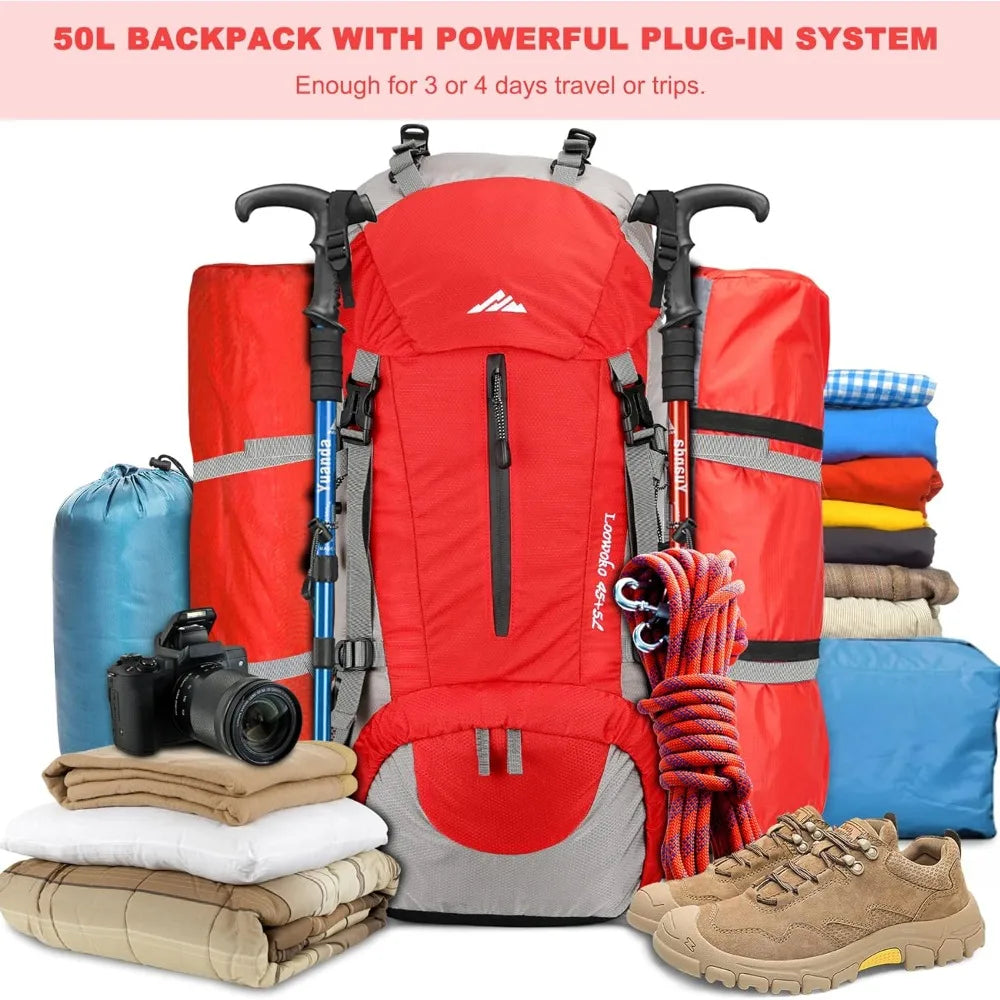 50L Hiking Backpack, Waterproof Camping Essentials Bag with Rain Cover