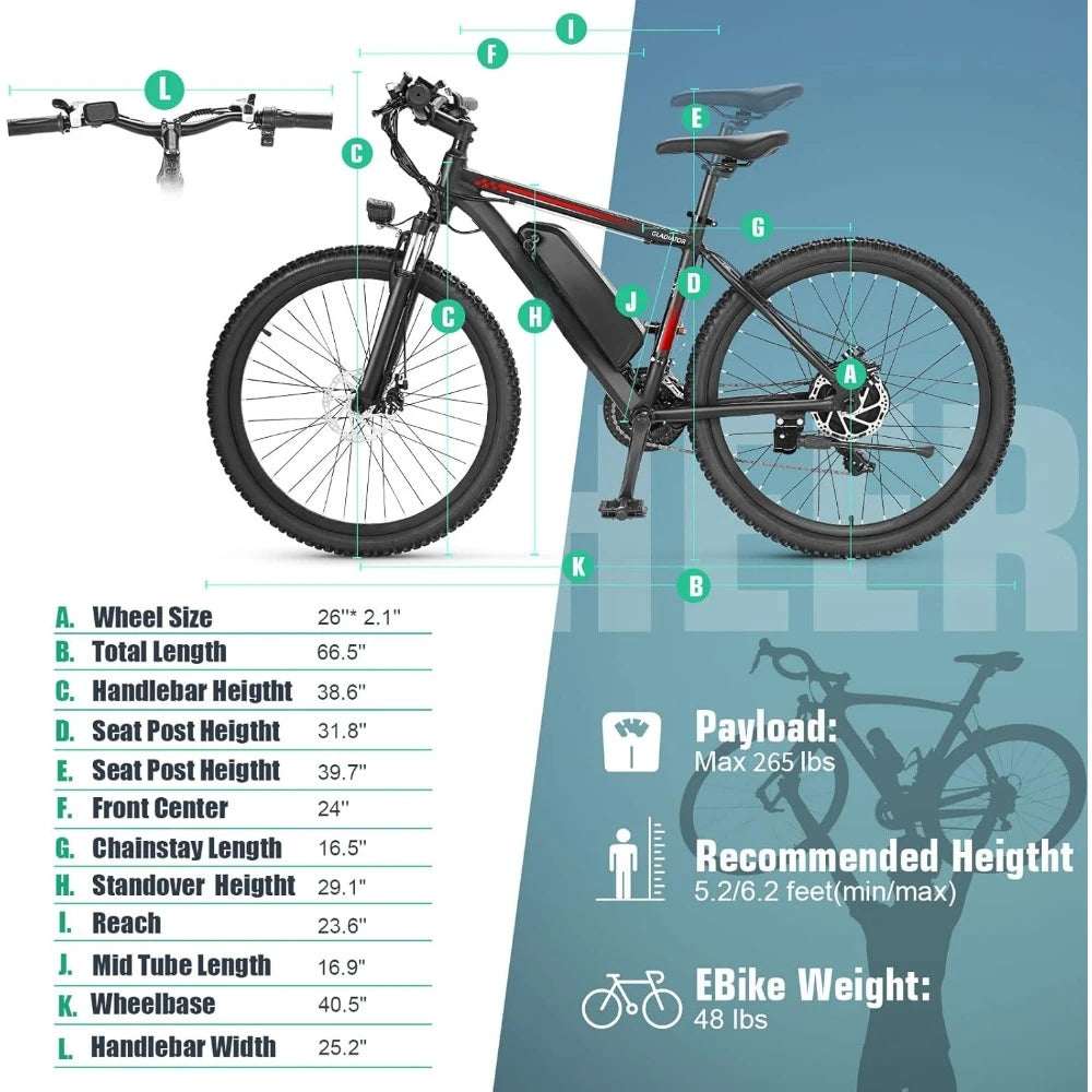 500W 26" Electric Bike for Adults, Up to 55 Miles,Electric Mountain Bike, 2.1" eMTB Tire, 21 Speed, Adults Electric Bicycle