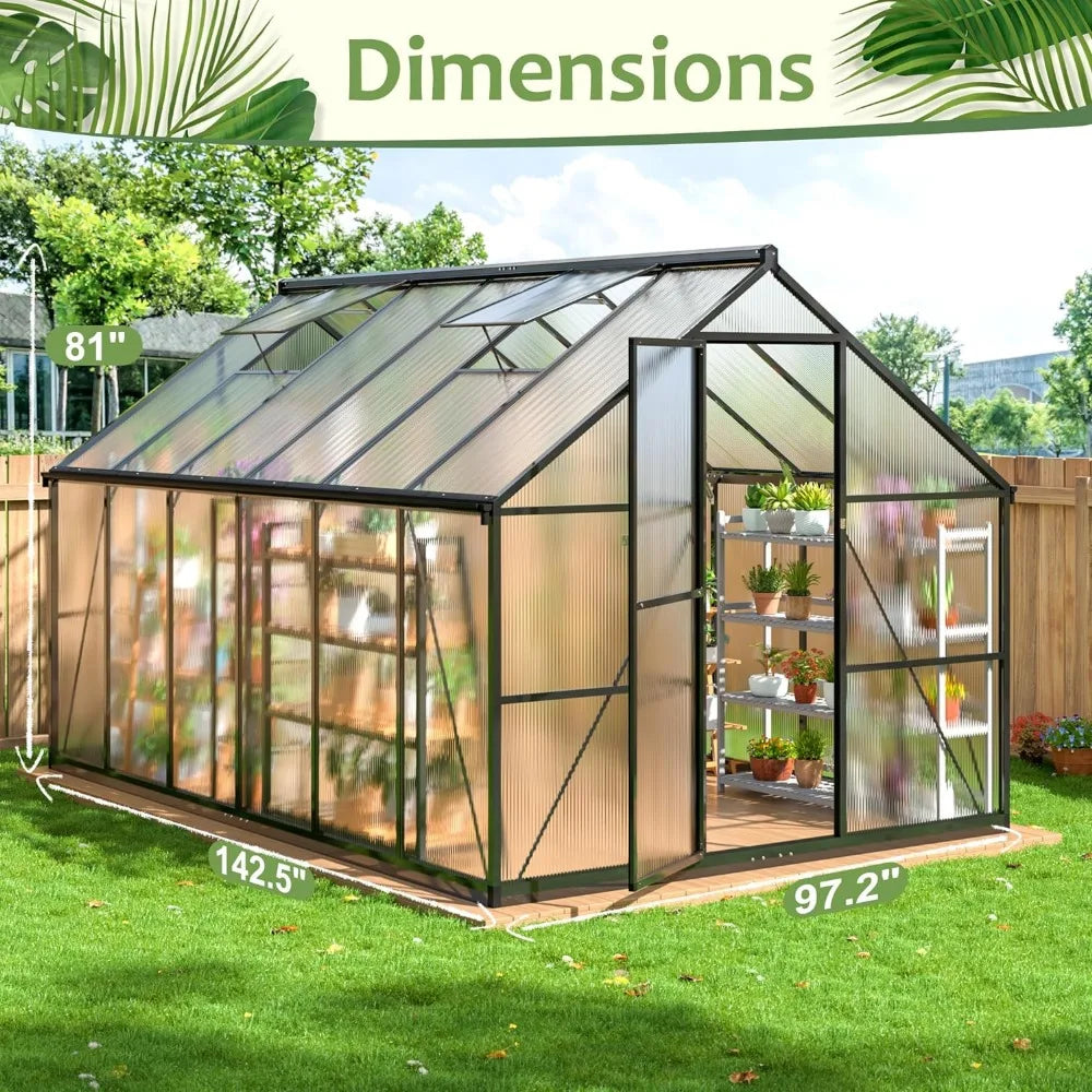 Garden Greenhouse, 8x14 FT Quick Setup Polycarbonate Greenhouse with Roof Vent, Walk-in Green House