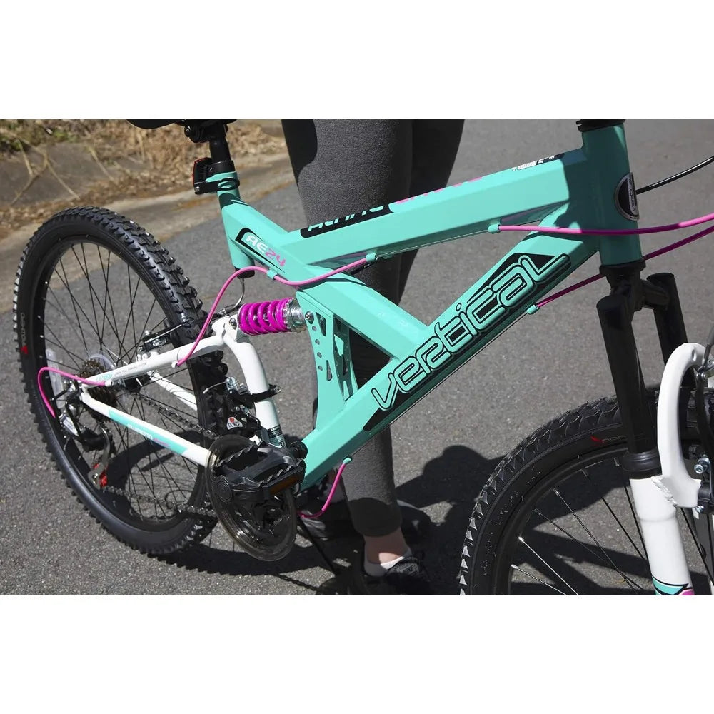 Vertical Dual Suspension Mountain Bike Girls 24 Inch Wheels with 18 Speed Grip  and Dual Hand Brakes