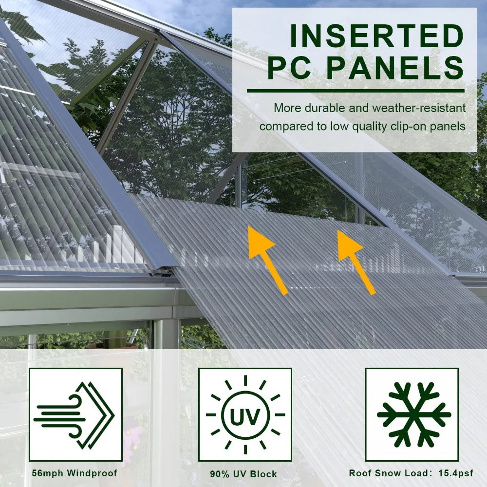 2024  New 6x8 FT Hybrid Polycarbonate Greenhouse with Lockable Hinged Door 2 Vent Window