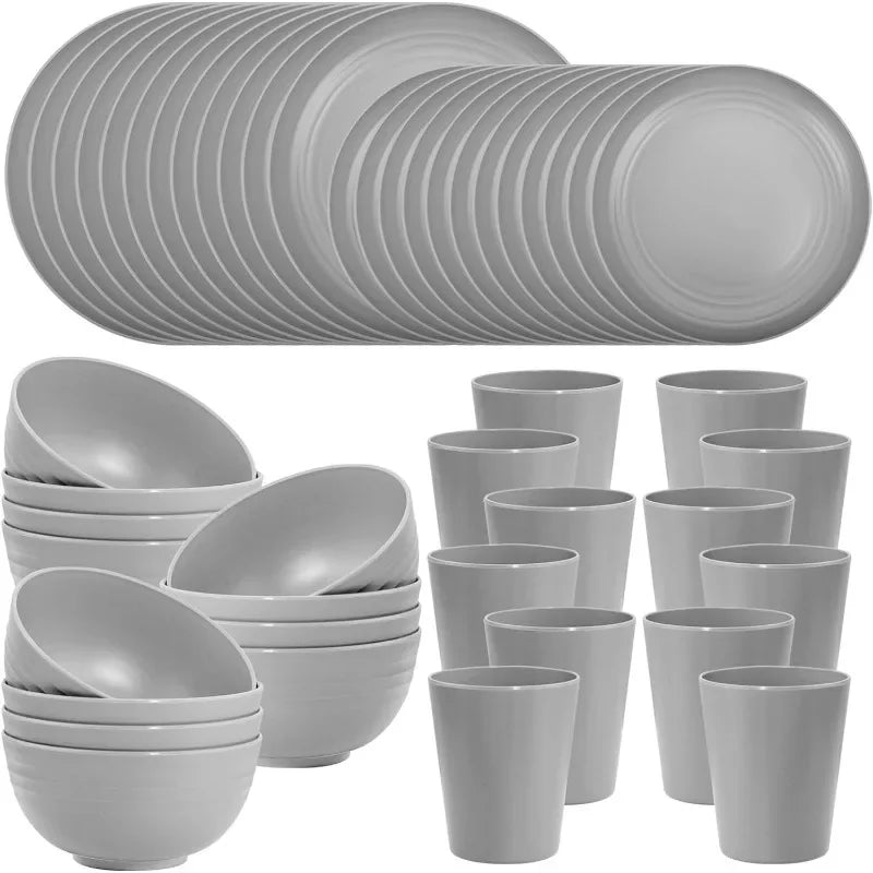 48pcs Black Wheat Straw Dinnerware, Plates and Bowls Set, Camping Dish Set for 12, Plastic Dinnerware Set, Dishwasher Safe